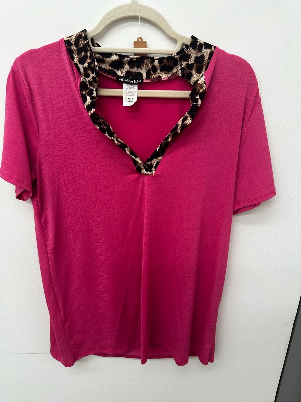 Heimish Brand Fuchsia Short Sleeve Top with Leopard Trim